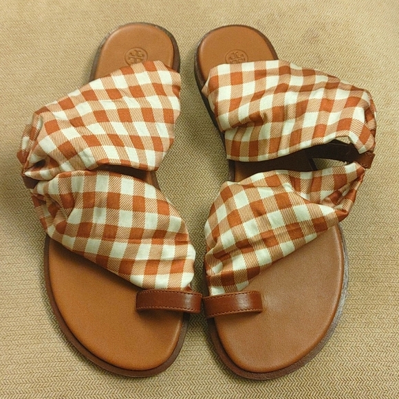 Tory Burch Women's Selby Scarf Sandals Gingham -Burnt 6 1/2 (New Never Worn!) - Picture 2 of 7